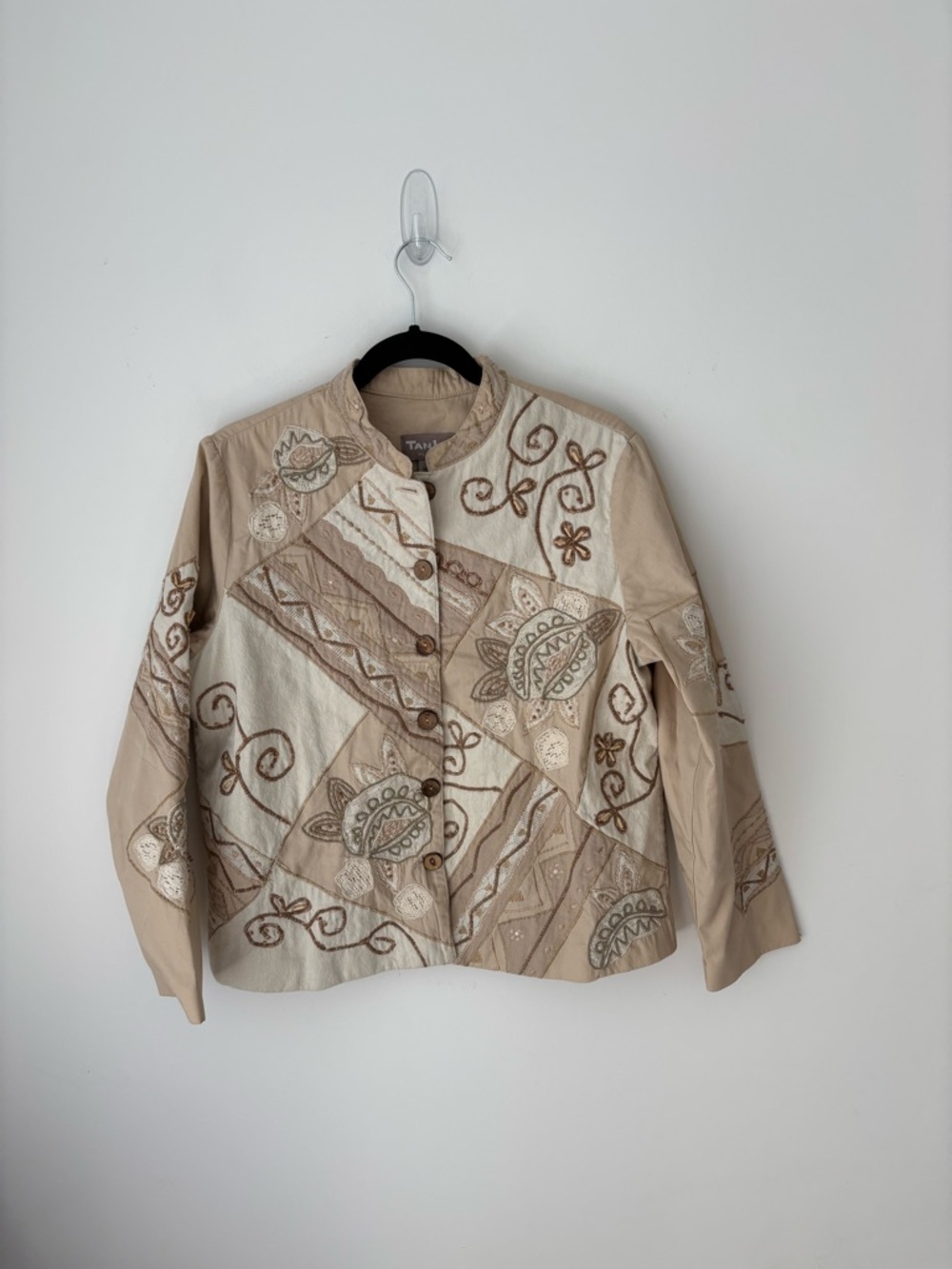 Vintage TanJay Embroidered Patchwork Jacket Beige Boho Cotton Cropped Blazer - Picture 2 of 12